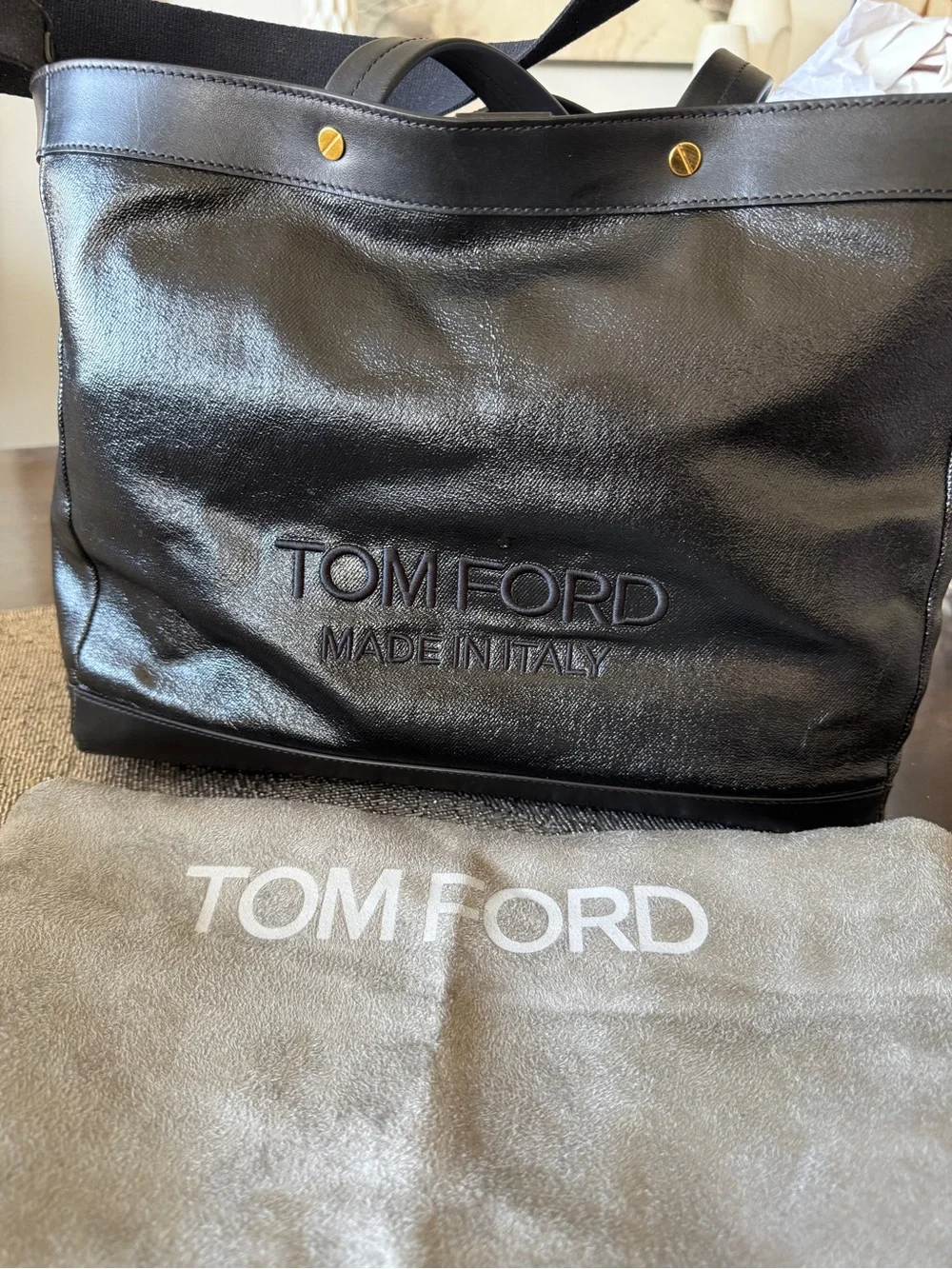 Tom Ford Black Leather Logo Tote Bag